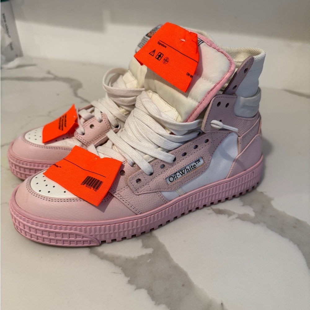 Off-White Pink and Cream High-Tops with Orange Tags